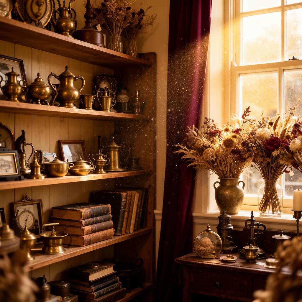 Cozy vintage antique shop interior with brass items, leather books, and dried flowers in warm window light